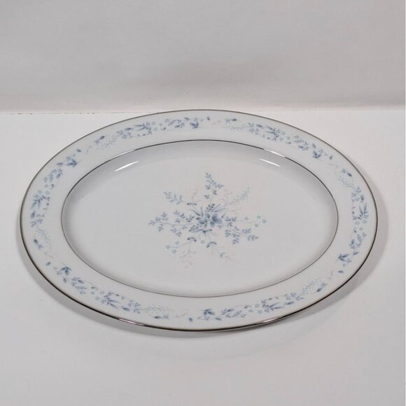 Noritake Carolyn Oval Serving Platter White Blue Floral Silver Trim Porcelain - Picture 1 of 13